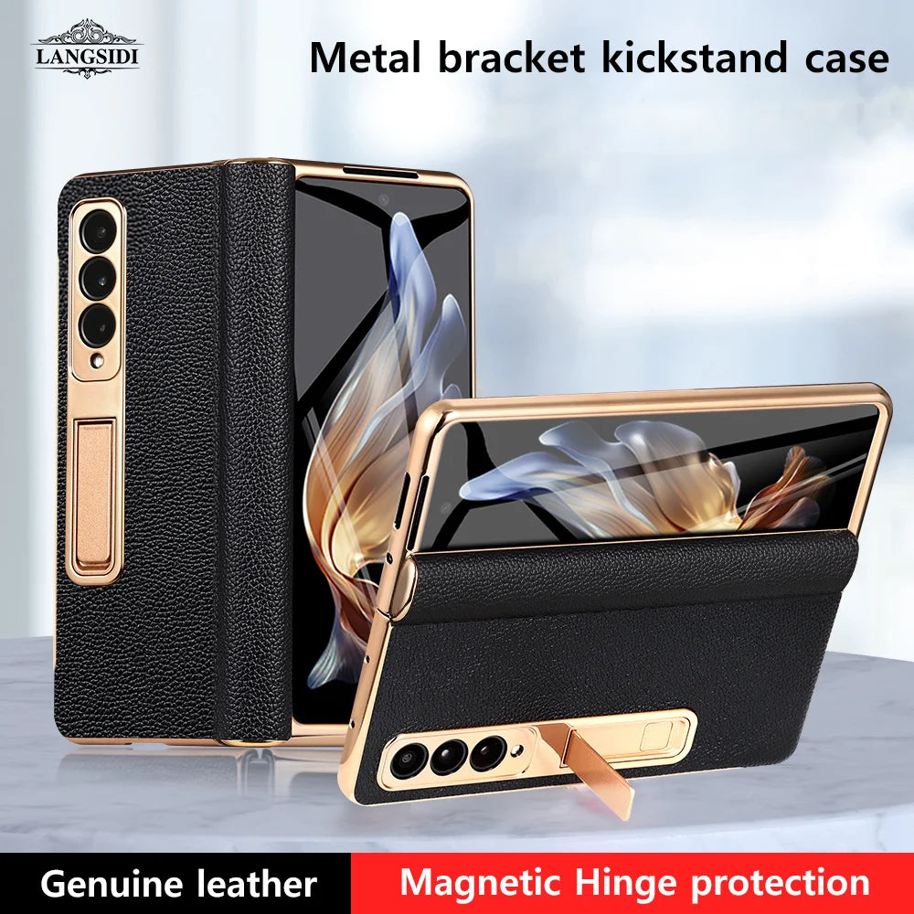 Coque de luxe en cuir véritable LANGSIDI, antichoc, pour Samsung Galaxy Z Fold 3, 4, 5 et 6, avec charnière magnétique et fonction support de protection.