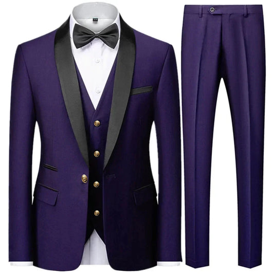 2023 Fashion New Men Casual Boutique Business Slim Wedding Host Formal Suit 3 Pcs Set Gold Button Jacket Dress Coat Pants Vest