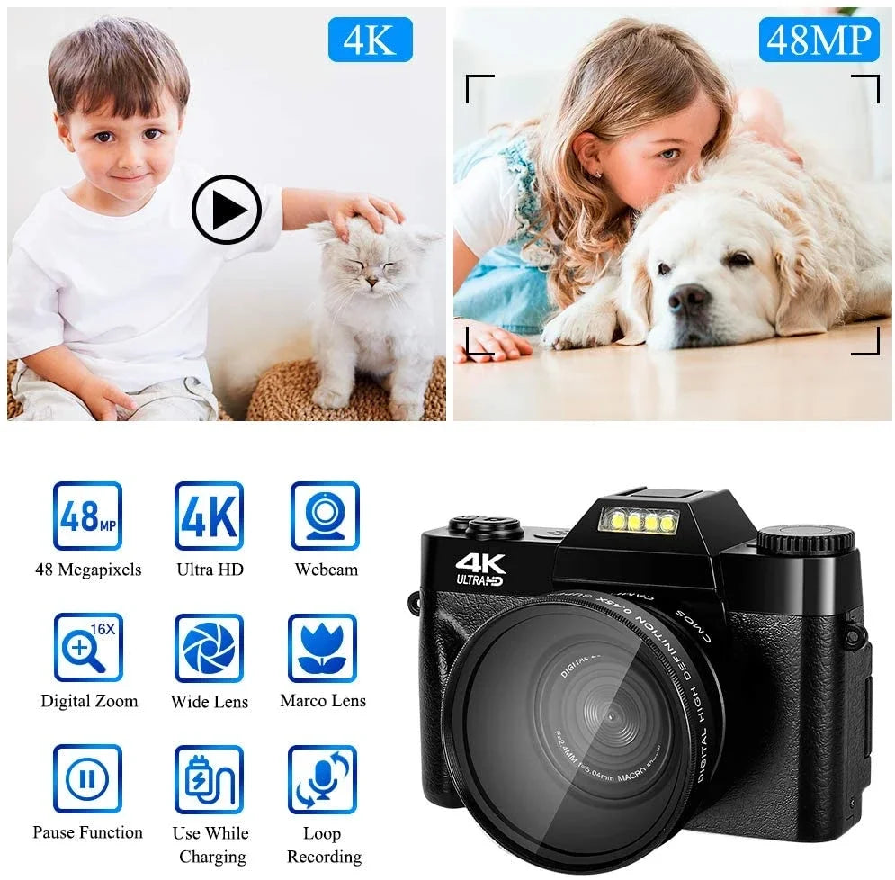 4K HD Professional Digital Camera Camcorder WIFI Webcam Wide Angle 16X Digital Zoom 48MP Photography 3 Inch Flip Screen Recorder