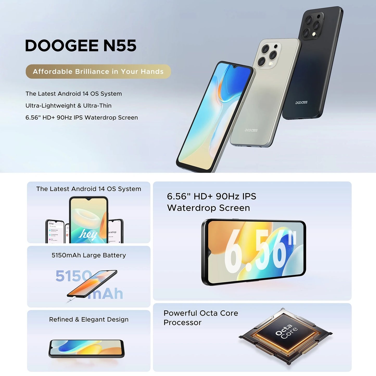 DOOGEE N55 Smartphone 4GB+128GB 6.56 inch Android 14 Octa Core Spreadtrum T606 Mobile Phones 5150mAh 13MP Face Unlock 4G