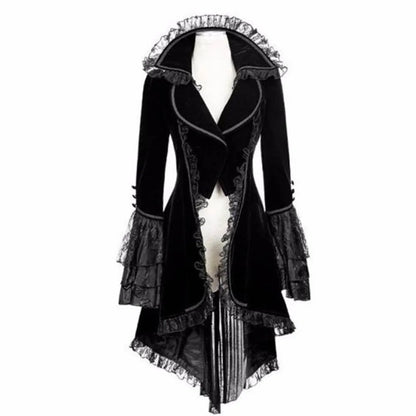 Women Lace Trim Lace-up High Low Coat Black Steampunk Victorian Style Gothic Jacket Medieval Noble Court Dress Plus Size S-5XL