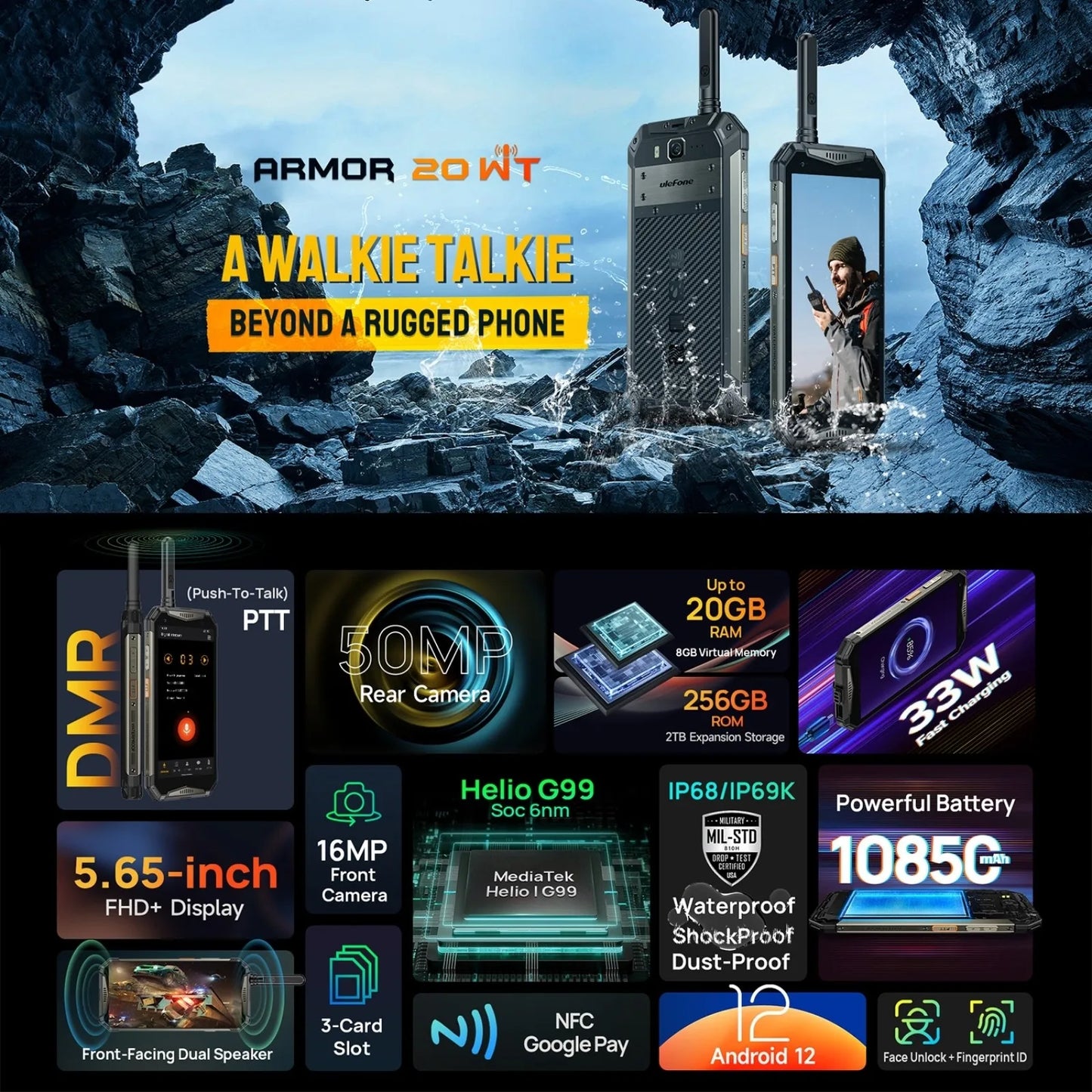 Ulefone Armor 20WT 20GB+256GB Rugged Waterproof Smartphone DMR Walkie-Talkie 10850mAh Mobile Phones Android Phone Global Version