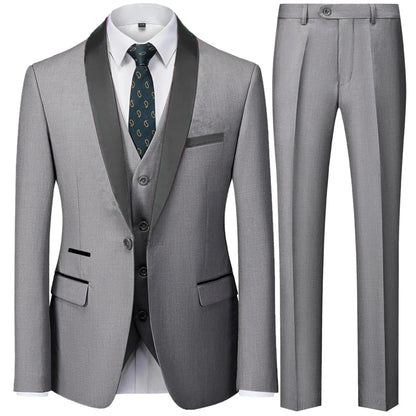 3 Pieces Set Men's Business Blazers Coat / Male Slim Fit Color Matching Collar Suit Tuxedo Leisure Jacket Pants Vest Wedding