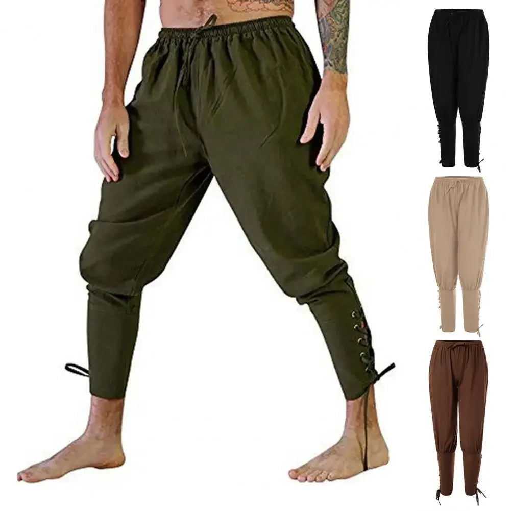 Adult Men Medieval Pirate Pants Linen Horseman Knight Costume Loose Leggings Black Navigator Leg Bandage Trouser