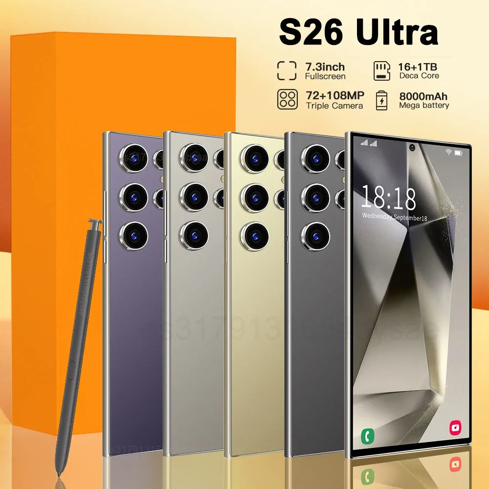 NEW S26 Ultra Smartphone 7.3inch HD 5G Snapdragon 8Gen3 16GB+1TB Android 14 8000mAh 70+108MP Mobile phone Face Recognition