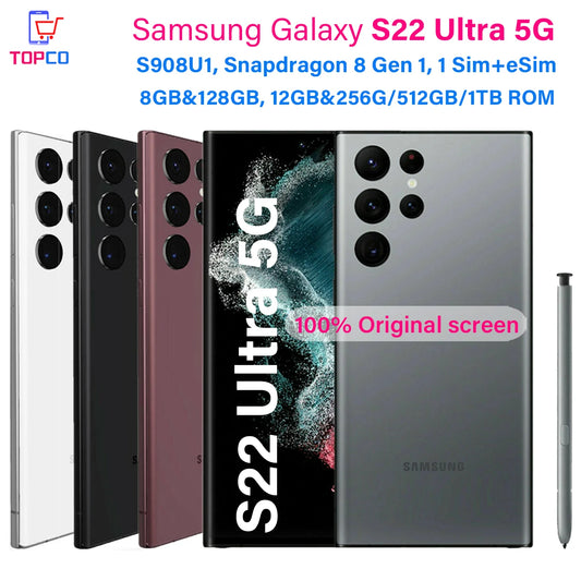 Samsung Galaxy S22 Ultra 5G S908U1 128GB/256GB/512GB ROM Snapdragon8 Gen 1 Octa Core 6.8" 108MP eSim NFC Original Cell Phone