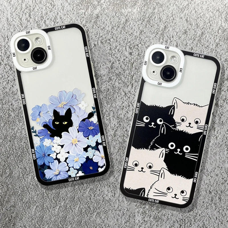 Coque pour téléphone avec motif de chat en fleurs cartoon, compatible avec Samsung Galaxy S23, S22 Ultra, S21 Plus, FE, Note 20, A13, A23, A33, A53, A32, A52