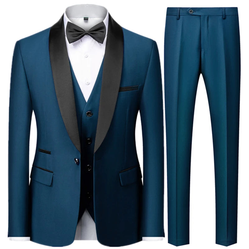 3 Pieces Set Men's Business Blazers Coat / Male Slim Fit Color Matching Collar Suit Tuxedo Leisure Jacket Pants Vest Wedding