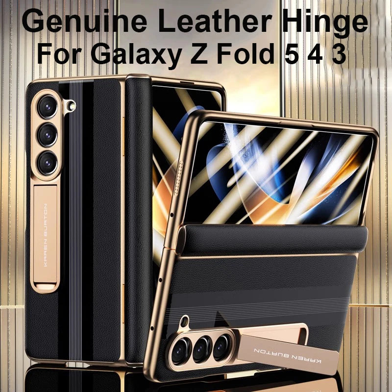 For Samsung Galaxy Z Fold 5 Case Hinge Magnetic Plating Genuine Leather Cases Fold 6 4 3 360 Full Protector Kickstand Cover