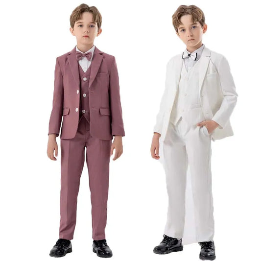 Children White Pink Jacket Vest Pants Bowtie 4PS Ceremony Photograph Suit Kids Piano Party Dress Flower Boys Performance Costume