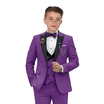 Purple Single Breasted Boy's Formal Suit Set, 4 Pieces Peaked Lapel Classy Kids Suits Smart Tuxedo From 2 to 14 Years