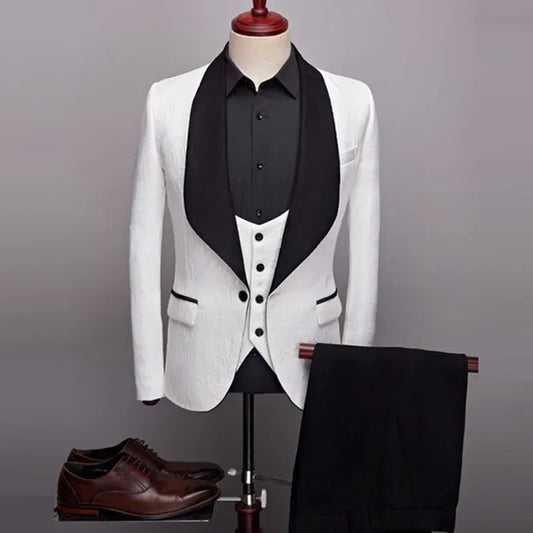 3 Pcs Set Suit Jacket Vest Pants / Men Casual Boutique Wedding Dark Pattern Big Black Collar Blazers Coat Trousers Waistcoat