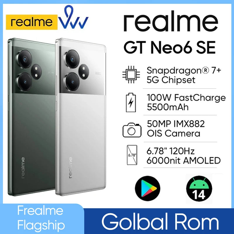 Unlocked Original realme GT Neo 6 SE 6.78" 120Hz 6000nit Super Display 5G Smartphone Snapdragon 7+ 50MP OIS  5500mAh 100W NFC