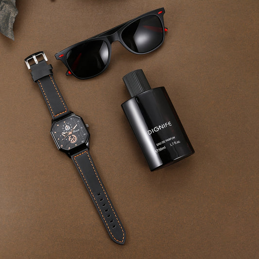 3pcs/set, Ensemble Montre & Parfum & Lunettes pour Homme d'Affaires