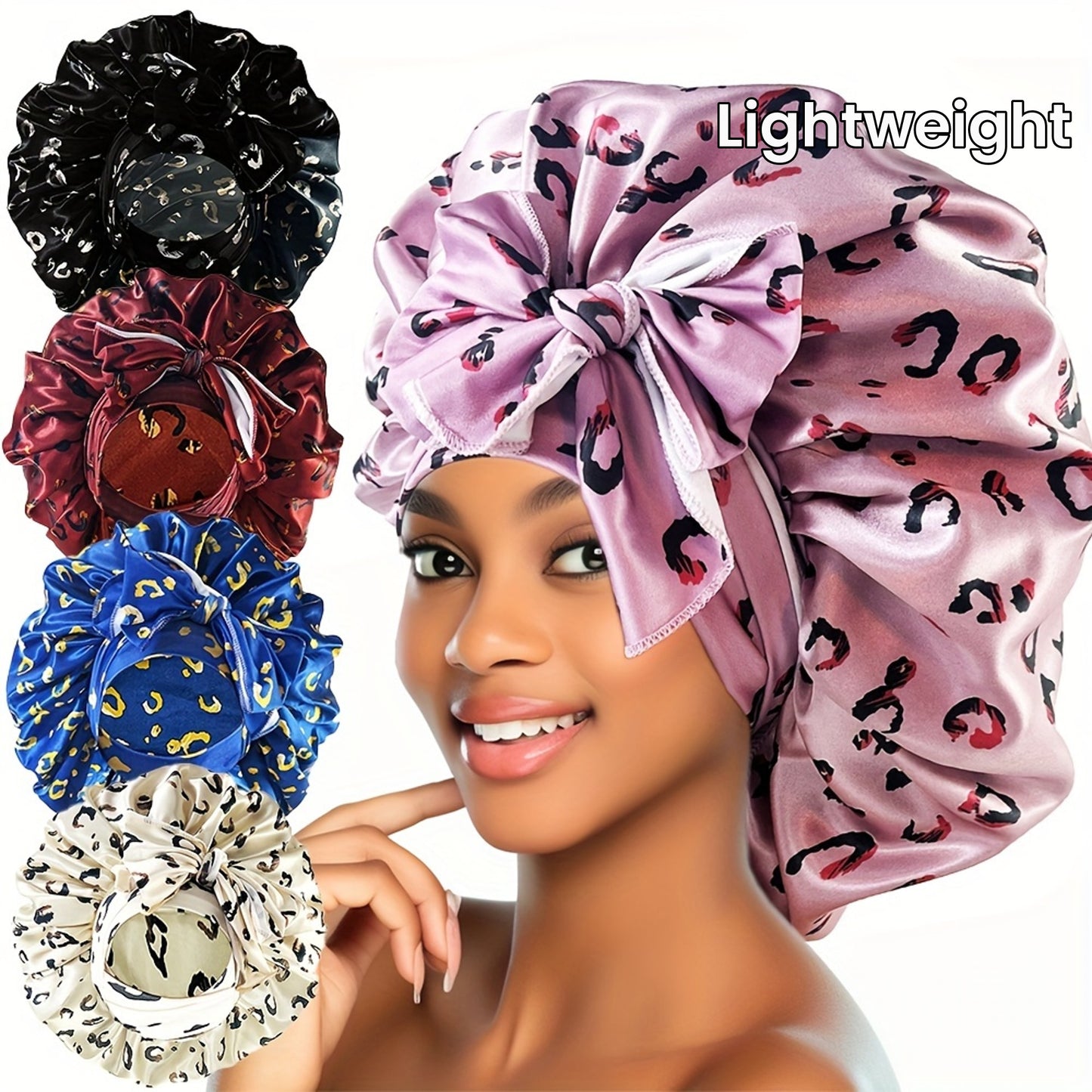 Bonnet en satin surdimensionné à imprimé léopard, élégant grand nœud papillon, bonnet de nuit à lacets, bonnet de douche léger et élastique, bonnets de cheveux pour femmes, usage quotidien.