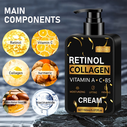 Crème ROZINO au Collagène et Vitamine A, 5.07oz - Hydratante & Nourrissante pour Tous Types de Peau, Lisse les Rides Fines, Raffermit & Lift, Réduit la Sécheresse, avec Beurre de Karité & Rétinol