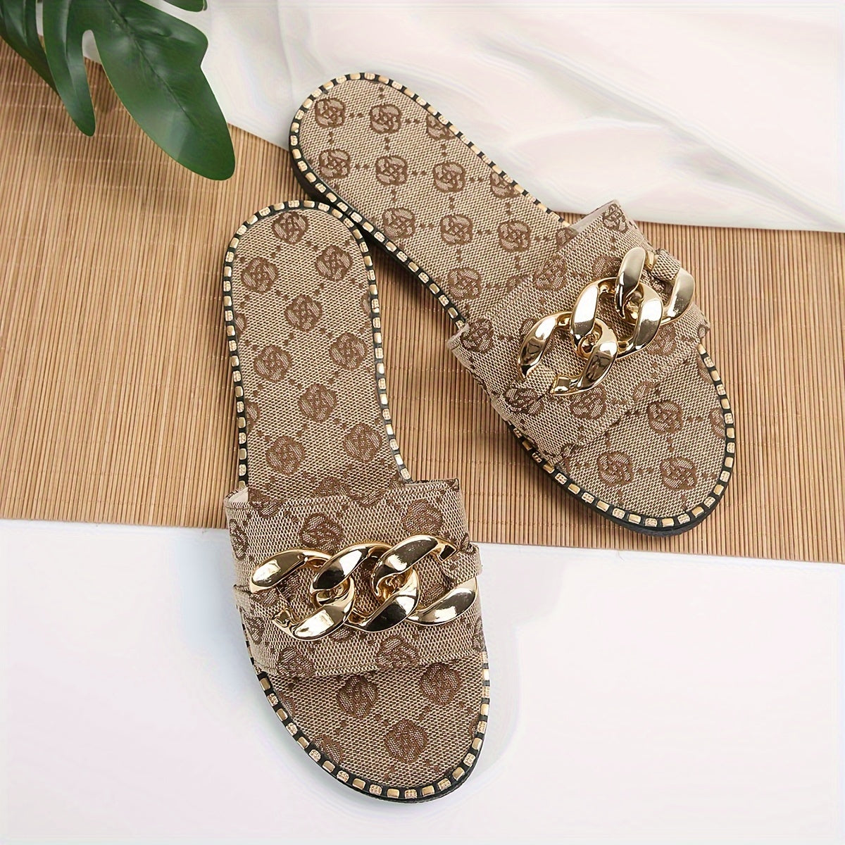 Women's Metal Buckle Decorative Slides, Flower Pattern Open Toe Summer Shoes, Single Band Flat Slide Sandals 