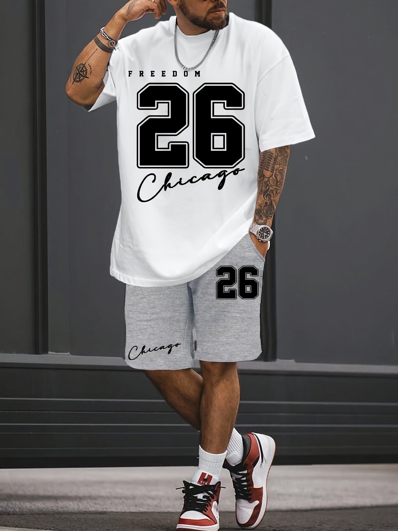 FREEDOM 26 CHICAGO Ensemble 2 pièces t-shirt confortable à col rond et short décontracté avec cordon de serrage pour homme, tenues d'été légères pour la vie quotidienne et les activités sportives