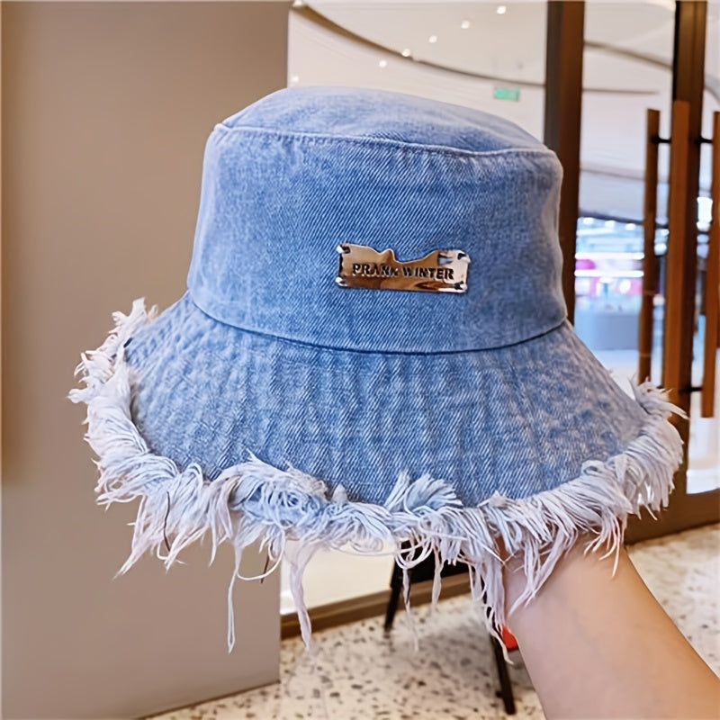 Chapeau seau en Denim à ourlet brut, étiquette de lettre, chapeaux de bassin, chapeaux de pêcheur légers et polyvalents élégants