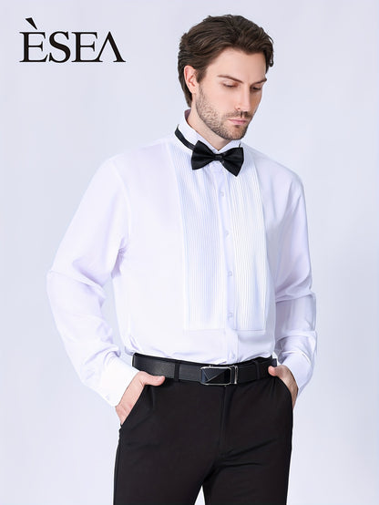 Chemise de soirée habillée unie pour homme avec nœud papillon, chemise de smoking française élégante à coupe standard pour mariage, fête et banquet officiel