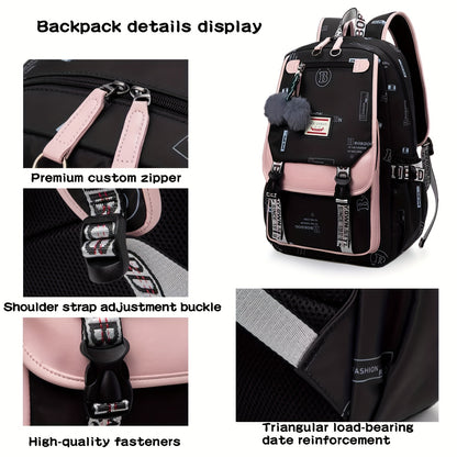 Casual school bag, lightweight and large capacity, can accommodate a laptop, multi-function waterproof wear-resistant portable backpack with a hanging plush ball 