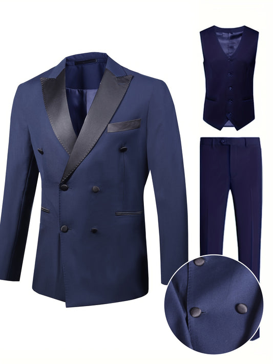 Ensemble Formel 3 Pièces, Veste De Costume À Double Boutonnage Pour Hommes, Gilet Élégant Et Pantalon Habillé, Ensemble De Costume Pour Dîner D'affaires Et Fête De Mariage