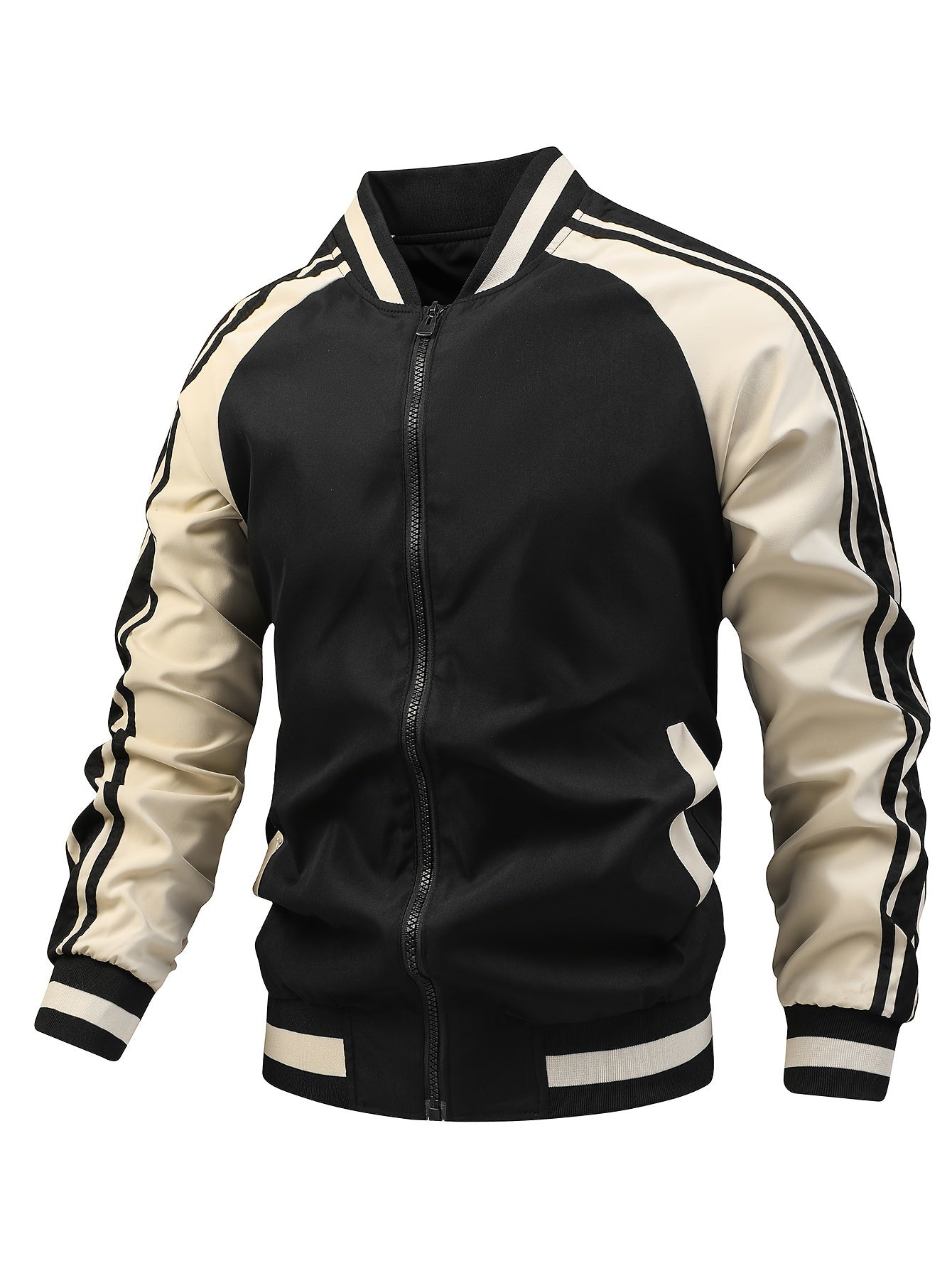 Men's Matching Striped Jacket with Pockets, Casual Breathable Baseball Collar, Zipper and Long Sleeve for Outdoor