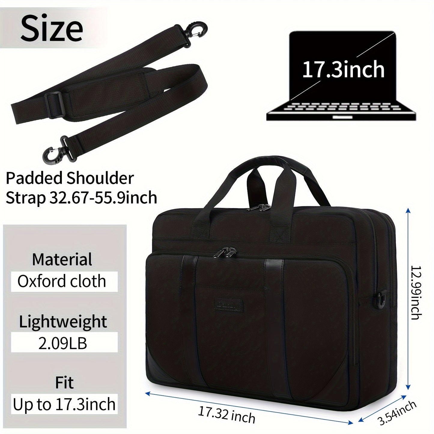 Sac pour ordinateur portable 17 pouces - Grand porte-documents pour hommes et femmes - Sac à bandoulière - Sac de transport durable - Sac messager étanche pour ordinateur 17.3 pouces - Pour les voyages, les affaires et l'école