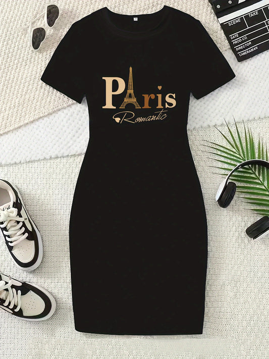 Paris Print Crew Neck Dress, Short Sleeve Casual Dress for Summer and Spring, Women's Clothing 