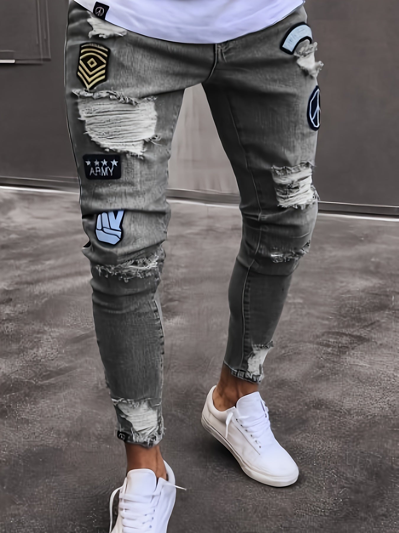 Men Fashion White Ripped Distressed Destroyed Washed Denim Jeans Torn Slim Fit Wild Jeans White Denim Pants 