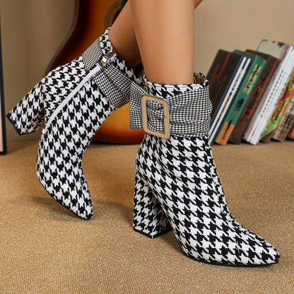 Women's Houndstooth Plaid Ankle Boots, Fashion Pointed Toe Buckle Ankle Boots, High Heel Short Booties with Side Zipper 