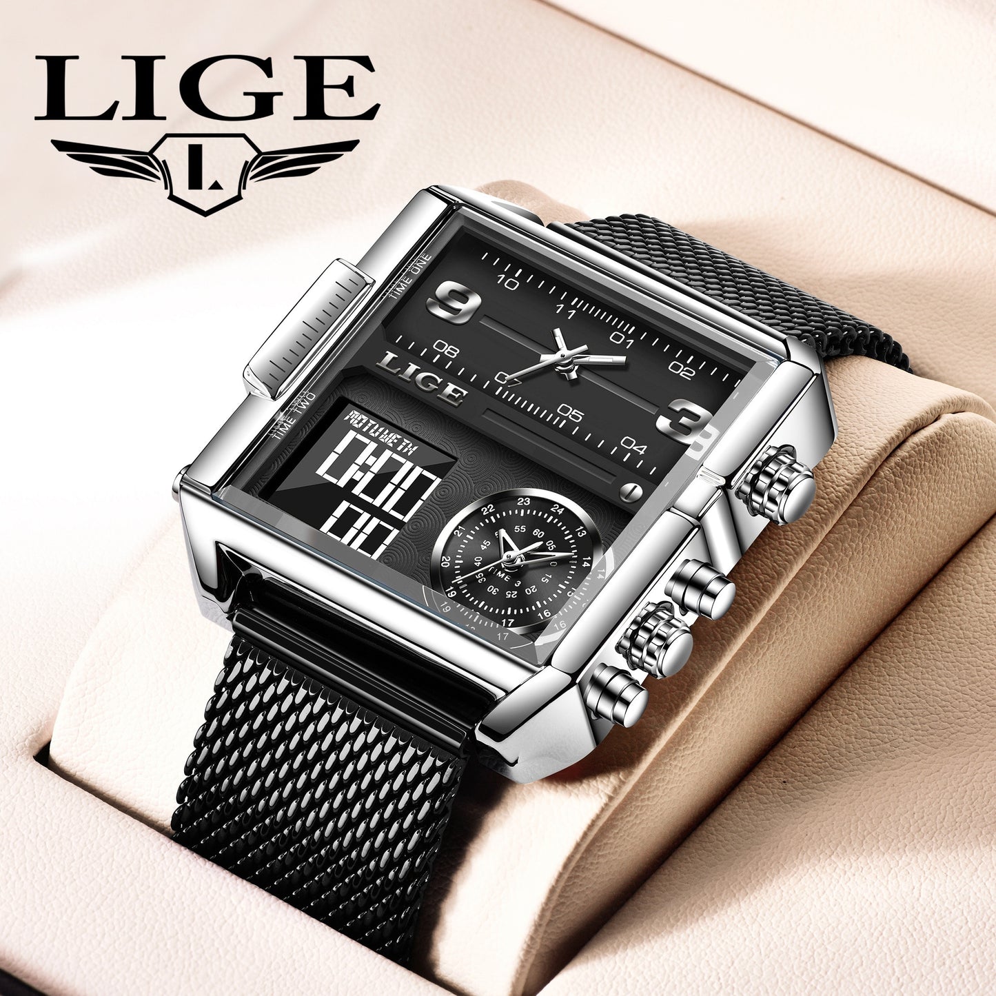 Montre Électronique Carrée de Luxe LIGE pour Femme - Double Affichage, Multifonctionnelle avec Chronographe & Fonction Semaine, Bracelet en Acier Inoxydable