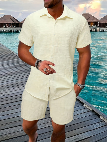 Tenue pour homme, chemise à manches courtes à carreaux et short à boutons, ensemble 2 pièces pour activités de plein air.