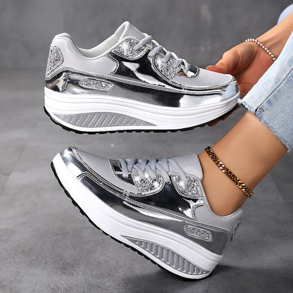 Women's Breathable Sports Sneakers with Lace-Up, Chunky Sole with Shiny Accents, Low Top Glitter Walking Shoes 