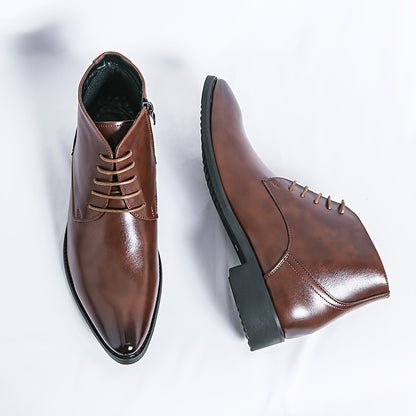 Men's Dress Boots with Pointed Toe, Non-Slip Lace-Up Shoes with Side Zipper Decoration for Office, Spring and Autumn 