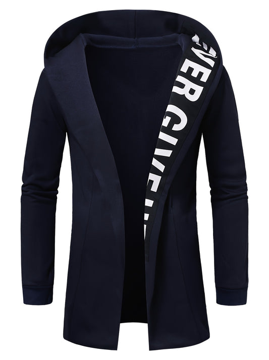 Veste à capuche à manches longues et à patte ouverte avec imprimé lettre pour homme, manteau à capuche chic et tendance pour les tenues décontractées et de plein air.