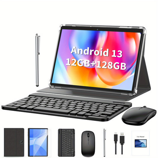 Tablette Android avec clavier, tablette Android 13, 12 Go + 128 Go, extension 1 To, tablette 2 en 1, tablette 10 pouces avec étui, souris, stylet, batterie 8000 mAh, sans fil 2.4 G/5 G, GPS, tablette PC certifiée