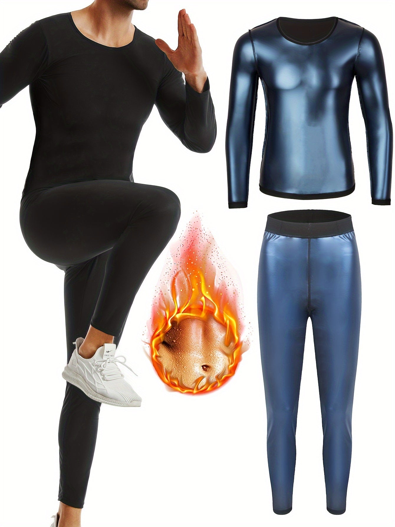 Ensemble de sauna pour hommes - Haut de compression à manches longues et pantalon de compression pour le sport, la course à pied, le fitness, le yoga et l'entraînement