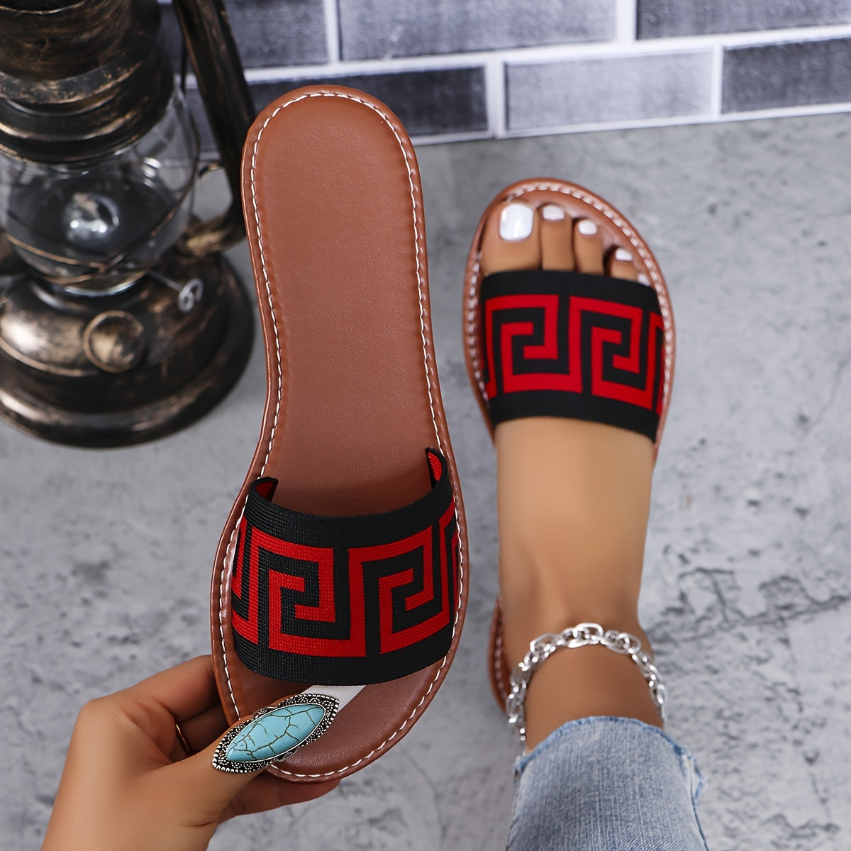 Women Geometric Pattern Sandals, Open Toe Casual Flat Summer Shoes, Lightweight Slip-on Sandals 