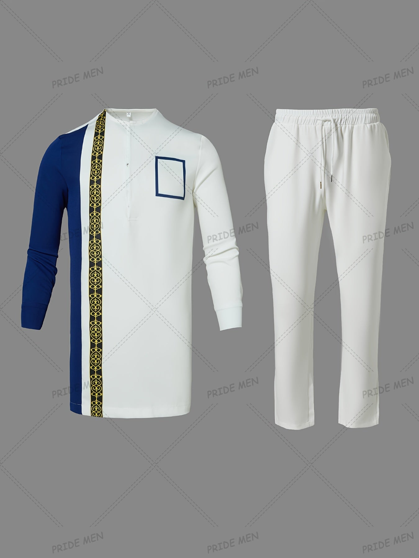 Tenue pour homme, Robe à manches longues à imprimé graphique géométrique color block et pantalon à cordon de serrage, ensemble 2 pièces pour les activités culturelles