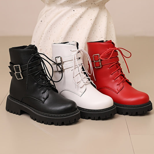 Women's Stylish Solid Color Boots, Side Zipper Platform Boots with Buckle, Comfortable Round Toe Boots for Halloween 