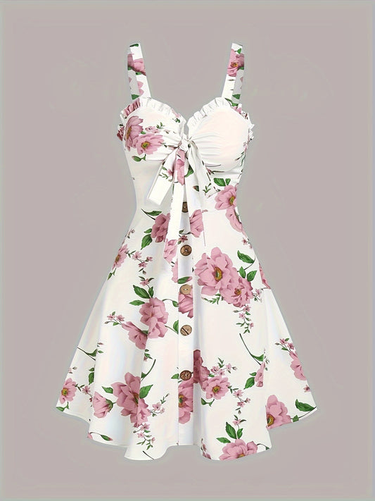 Floral Print Tank Dress with Ruffle Trim, Elegant Button Front Ruched A-Line Dress for Spring Summer, Women's Clothing. 