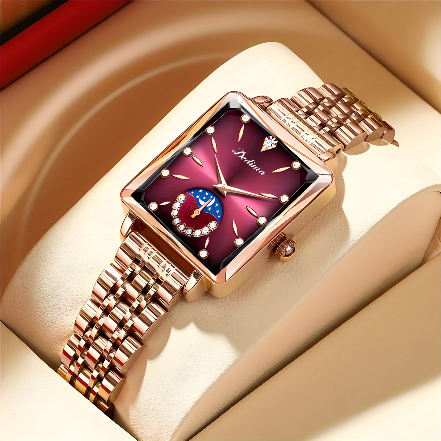 Montre-bracelet En Acier Inoxydable De Luxe Avec Cadran Carré Pour Femmes, Coupe De Quartz, Lune Et Soleil En Strass À La Mode