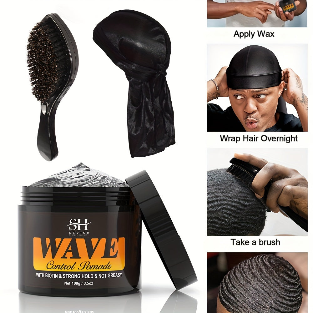 Kit de Pomade Wave Sevich 3pcs avec Peigne & Durag Soyeux - Crème Coiffante à Base d'Eau pour Vagues Profondes & Wolfing, Tenue Forte, Facile à Laver - Idéal pour Barbiers & Passionnés