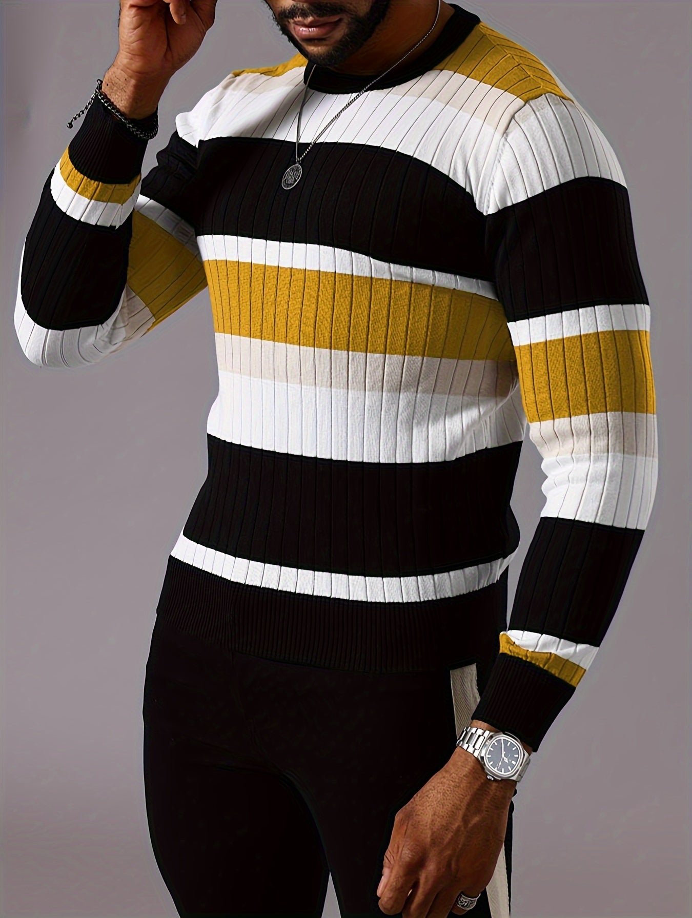 Pullover tricoté color block pour homme, pull décontracté à manches longues et col rond pour l'automne et l'hiver