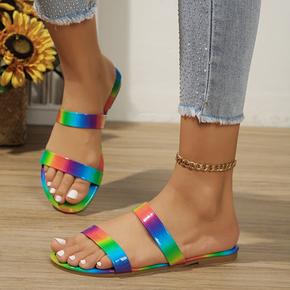 Women Summer Flat Sandals Colorful Print Open Toe Ankle Strap Shoes Lightweight Beach Sandals 