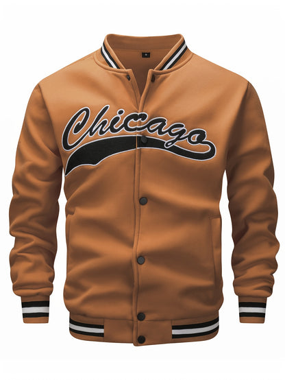 Veste de baseball brodée à la calligraphie pour hommes "CHICAGO", manteau décontracté et élégant à manches longues avec boutons, vêtements d'extérieur