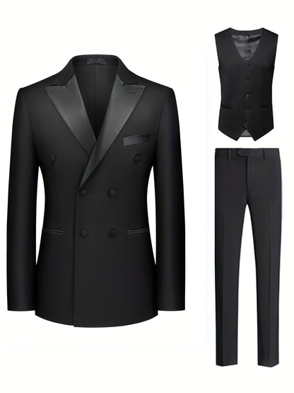 Ensemble Formel 3 Pièces, Veste De Costume À Double Boutonnage Pour Hommes, Gilet Élégant Et Pantalon Habillé, Ensemble De Costume Pour Dîner D'affaires Et Fête De Mariage