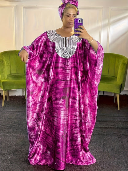 Robe Caftan À Col En Sequins Imprimé Ramadan, Longueur Maxi Ample Et Modeste, Vêtements Pour Femmes