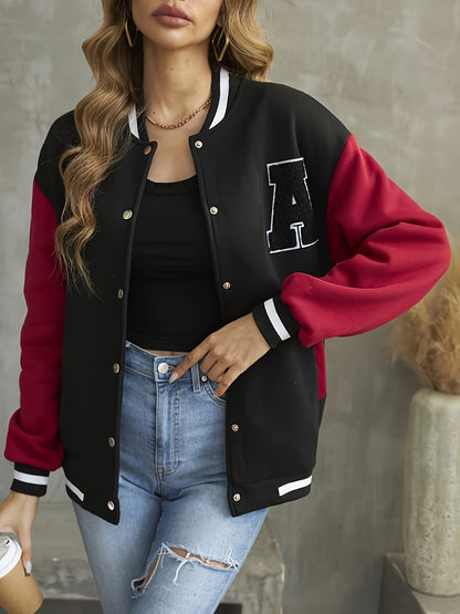 Letter Pattern Varsity Jacket, Street Wear Button Front Jacket, Women's Clothing 